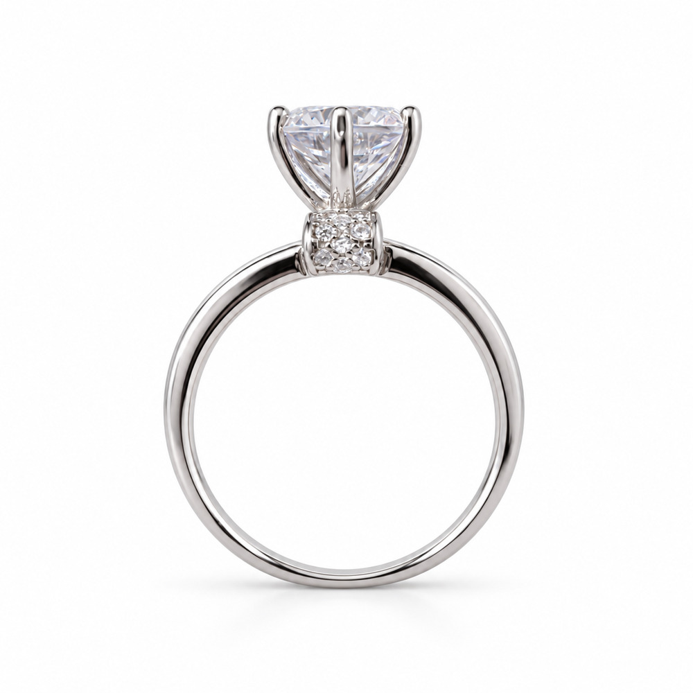 Round Cut Cubic Zirconia Solitaire Ring Pavé Band 925 Sterling Silver Size 7